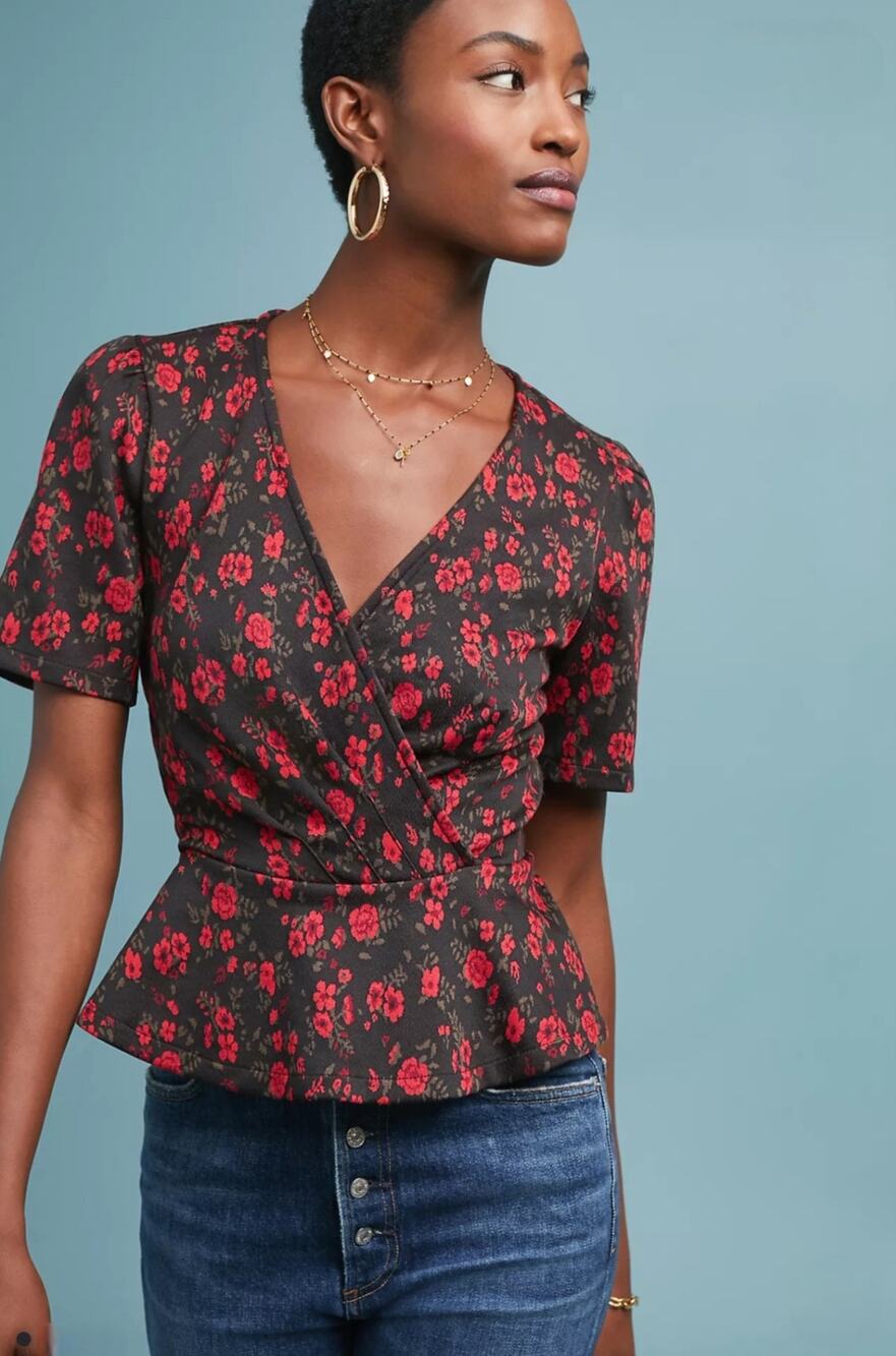 Meadow Rue Anthropologie Top Womens L Peplum Short Sleeve Faux Wrap Floral
